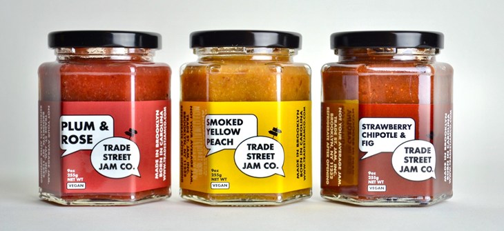 (Credit: Trade Street Jam Co.) Three jam jars lines up horizontally on white background