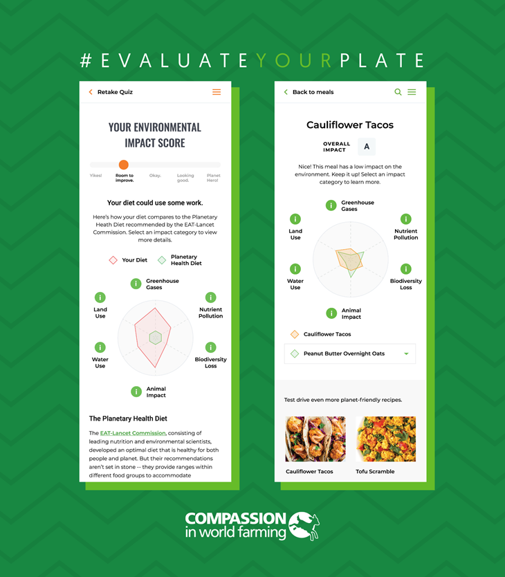 Two screenshots of the Evaulate You Plate tool with a green background