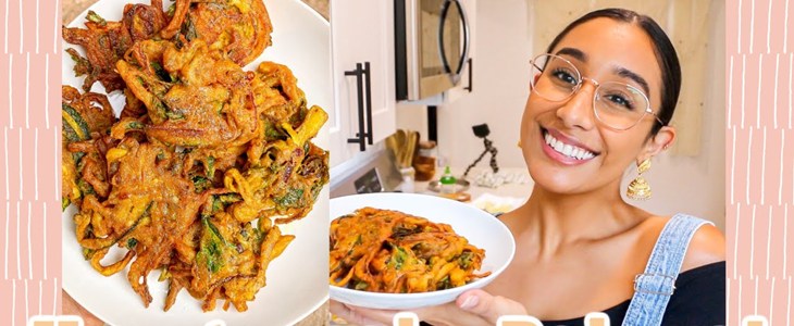 close up shot of golden brown deep fried pakora speckled with bits of vegetables and herbs split screen with nisha holding a plate of Pakora