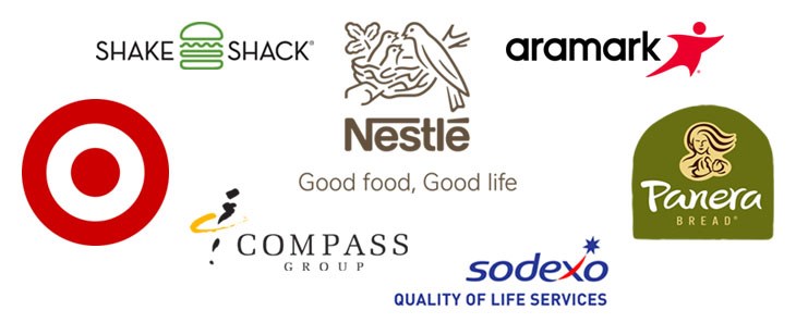 Montage of food business logos, including Aramark, Compass Group, Nestle, Panera, Shake Shack, Sodexo, and Target.