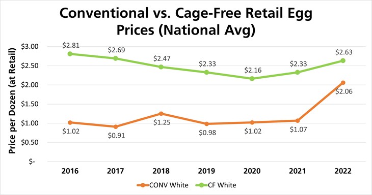 Line graph depicting changes in egg prices from 2016 to 2022.