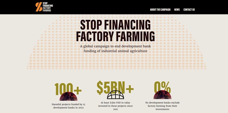 Stop Financing Factory Farming website homepage