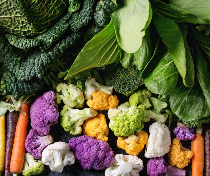 A variety of vegetables like kale, lettuce, purple cauliflower and rainbow carrots.