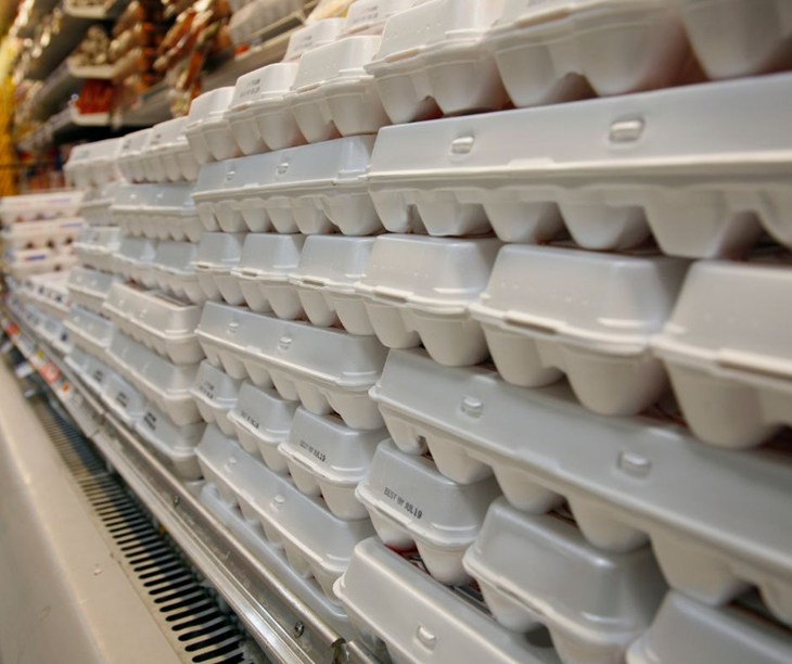 Rows of egg cartons in a grocery store refrigerator.