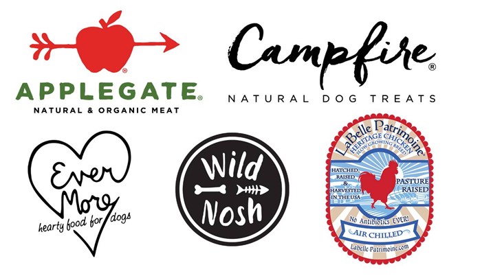 Collection of logos; Applegate, Campfire, Evermore, Wild Nosh, La Belle Patrimoine
